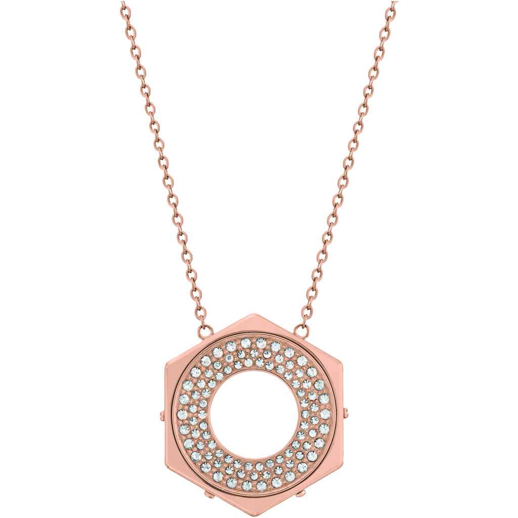 A gold pink necklace with crystals