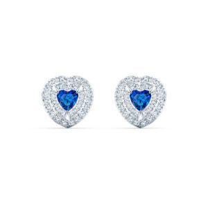 A pair of heart shaped earrings with blue crystals