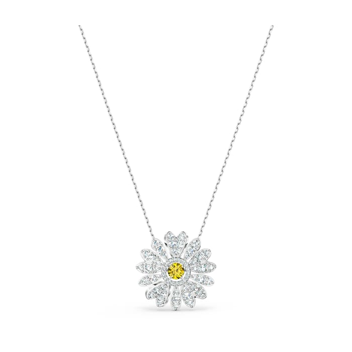 A silver necklace with a flower crystal pendant